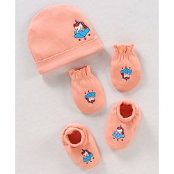 Babyhug 100% Cotton Cap Mittens & Booties Unicorn Print Peach- Diameter 11.5 cm