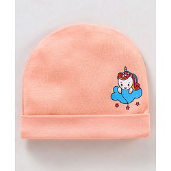 Babyhug 100% Cotton Cap Mittens & Booties Unicorn Print Peach- Diameter 11.5 cm