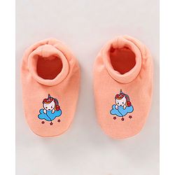 Babyhug 100% Cotton Cap Mittens & Booties Unicorn Print Peach- Diameter 11.5 cm