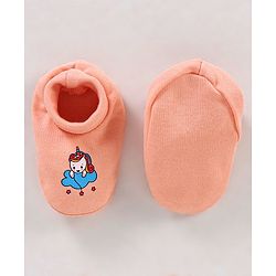 Babyhug 100% Cotton Cap Mittens & Booties Unicorn Print Peach- Diameter 11.5 cm