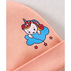 Babyhug 100% Cotton Cap Mittens & Booties Unicorn Print Peach- Diameter 11.5 cm