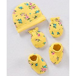 Babyhug 100% Cotton Cap Mittens And Booties Floral Print Yellow - Diameter 9 cm
