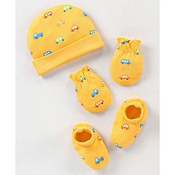 Babyhug 100% Cotton Knit Vehicles Printed Cap Mittens & Booties Set Yellow - Diameter - 9 cm