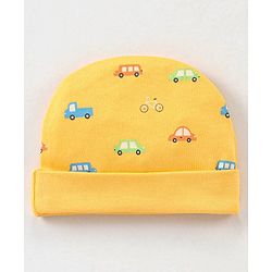 Babyhug 100% Cotton Knit Vehicles Printed Cap Mittens & Booties Set Yellow - Diameter - 9 cm
