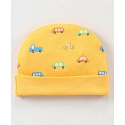 Babyhug 100% Cotton Knit Vehicles Printed Cap Mittens & Booties Set Yellow - Diameter - 9 cm