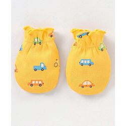 Babyhug 100% Cotton Knit Vehicles Printed Cap Mittens & Booties Set Yellow - Diameter - 9 cm