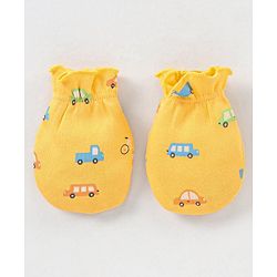 Babyhug 100% Cotton Knit Vehicles Printed Cap Mittens & Booties Set Blue & Yellow - Diameter - 10.5 cm