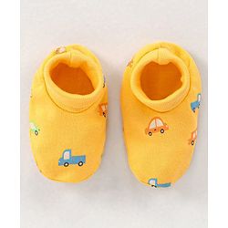 Babyhug 100% Cotton Knit Vehicles Printed Cap Mittens & Booties Set Blue & Yellow - Diameter - 10.5 cm