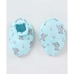 Babyhug 100% Cotton Cap Mittens And Booties Elephant Print - Blue