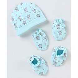 Babyhug 100% Cotton Cap Mittens And Booties Elephant Print - Blue