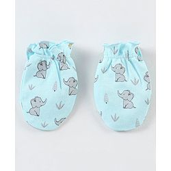 Babyhug 100% Cotton Cap Mittens And Booties Elephant Print - Blue