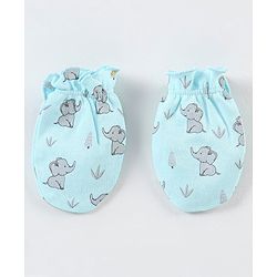 Babyhug 100% Cotton Cap Mittens And Booties Elephant Print - Blue