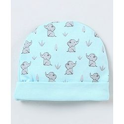 Babyhug 100% Cotton Cap Mittens And Booties Elephant Print - Blue