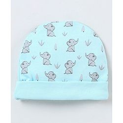 Babyhug 100% Cotton Cap Mittens And Booties Elephant Print - Blue