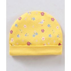 Babyhug 100% Cotton Cap Mittens & Booties Floral Print Yellow- Diameter 11.5 cm