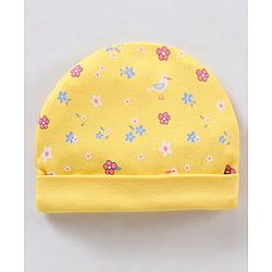 Babyhug 100% Cotton Cap Mittens & Booties Floral Print Yellow- Diameter 11.5 cm
