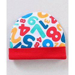 Babyhug 100% Cotton Cap Mittens And Booties Numbers Print Red - Cap Diameter 9 cm