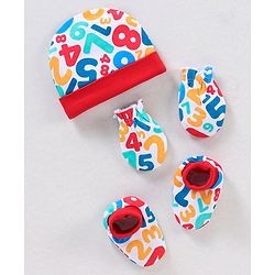 Babyhug 100% Cotton Cap Mittens And Booties Numbers Print Red - Cap Diameter 10.5 cm