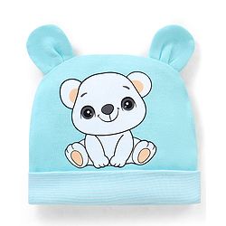 Babyhug 100% Cotton Teddy Bear  Print With Ear Applique Cap Blue - Diameter 9.5 cm