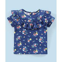 Babyhug 100% Cotton Knit Half Sleeves Top and Skirt Floral Print - Navy Blue & Pink