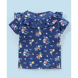 Babyhug 100% Cotton Knit Half Sleeves Top and Skirt Floral Print - Navy Blue & Pink