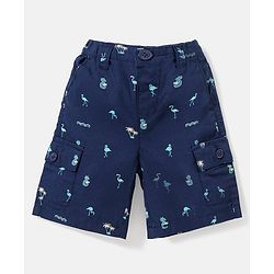 Babyhug 100% Cotton Woven Knee Length Bermuda Flamingos Print - Navy Blue