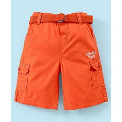 Babyhug Cotton Knit Knee Length Jamaican With Belt Solid Color - Orange