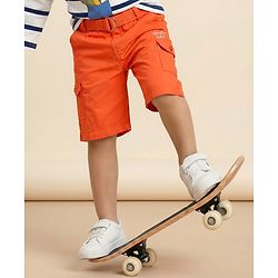 Babyhug Cotton Knit Knee Length Jamaican With Belt Solid Color - Orange