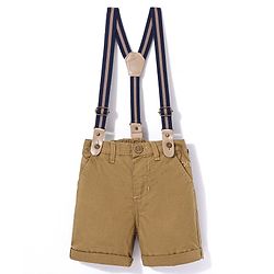 Babyhug 100% Cotton Woven Knee Length Solid Shorts with Suspenders - Khaki