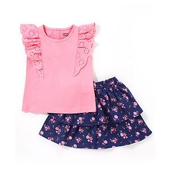 Babyhug 100% Cotton Half Sleeves Top & Skirt Floral Print - Pink & Navy