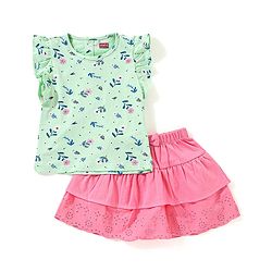 Babyhug 100% Cotton Sleeveless Floral Printed Top and Skirt Set - Green & Pink