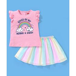 Babyhug 100% Cotton Sleeveless Top and Skirt Set Rainbow Print - Pink