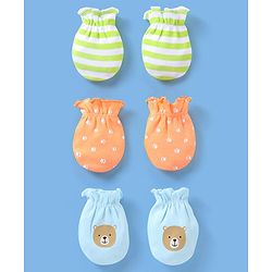 Babyhug 100% Cotton Knit Striped Mittens Pack of 3 - Orange Green & Blue