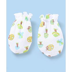 Babyhug 100% Cotton Mittens And Booties Set Mushroom Printed - White