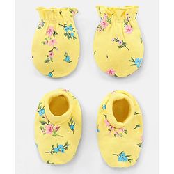 Babyhug 100% Cotton Mittens and Booties Floral Print - Yellow