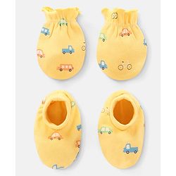 Babyhug 100% Cotton Mittens and Booties Car Print - Yellow