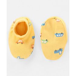 Babyhug 100% Cotton Mittens and Booties Car Print - Yellow