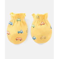 Babyhug 100% Cotton Mittens and Booties Car Print - Yellow