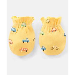 Babyhug 100% Cotton Mittens and Booties Car Print - Yellow
