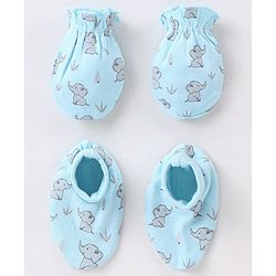 Babyhug 100% Cotton Mittens and Booties Elephant Print - Blue