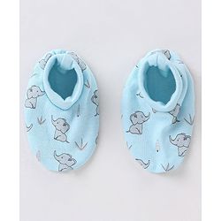 Babyhug 100% Cotton Mittens and Booties Elephant Print - Blue