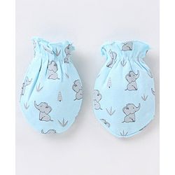 Babyhug 100% Cotton Mittens and Booties Elephant Print - Blue
