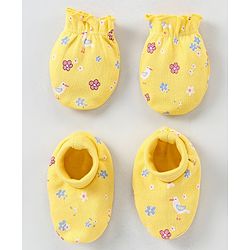 Babyhug 100% Cotton Mittens & Booties Set Floral Print - Yellow