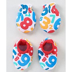 Babyhug 100% Cotton Mittens & Booties Set Numbers Print - Red & White