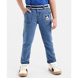 Babyhug Cotton Full Length Washed Denim Jeans with Stretch Mickey Mouse Patch - Blue