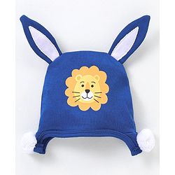 Babyhug 100% Cotton Knit Cap with Lion Print & Ears Applique - Navy