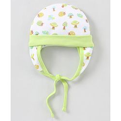 Babyhug 100% Cotton Knit Tie-Knot Cap with Mushrooms & Bugs Print - White & Green