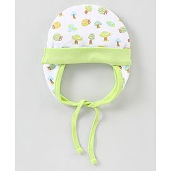 Babyhug 100% Cotton Knit Tie-Knot Cap with Mushrooms & Bugs Print - White & Green