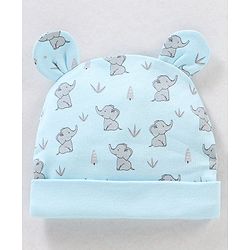 Babyhug 100% Cotton Elephant Print With Ear Applique Cap Blue - Diameter 10 cm