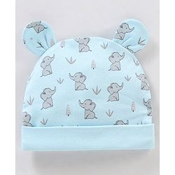 Babyhug 100% Cotton Elephant Print With Ear Applique Cap Blue - Diameter 10 cm